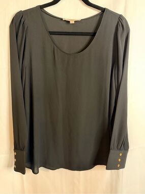 LOFT Black Long-Sleeve Scoop Neck Blouse with Gold Buttons